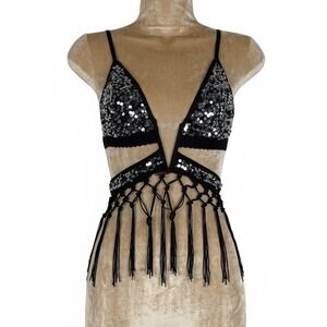 New S Black Silver Sequin Macrame Fringe Festival Bralette Rave Top Plunging